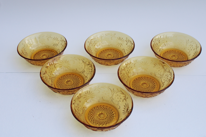 photo of Indiana daisy pattern vintage amber depression glass berry bowls or dessert dishes set of 6 #1