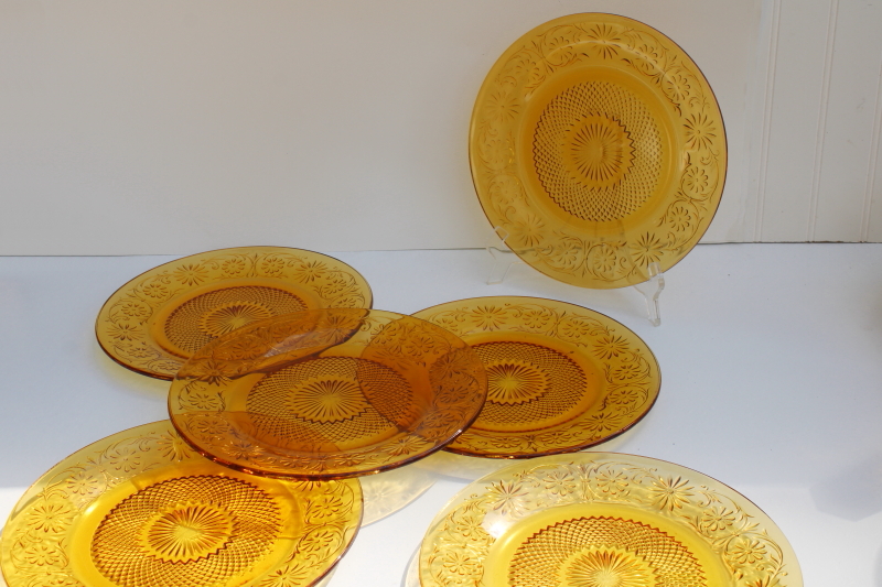 photo of Indiana daisy pattern vintage amber depression glass set of 6 dinner plates #1