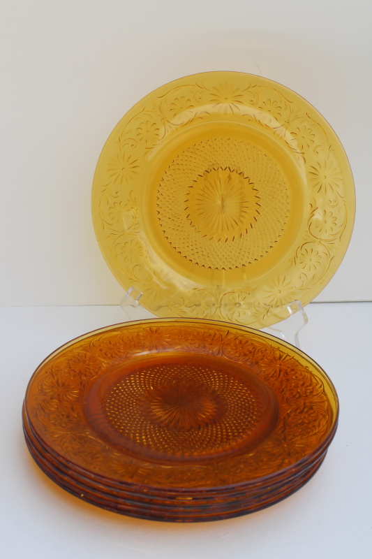 photo of Indiana daisy pattern vintage amber depression glass set of 6 dinner plates #4