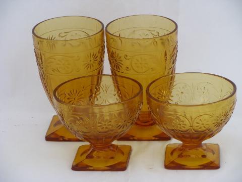 photo of Indiana daisy pattern vintage amber glass, footed tumblers & sherbet glasses #1