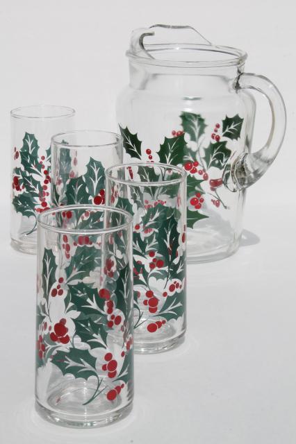 photo of Indiana glass Christmas holly berry print pitcher & drinking glasses #1