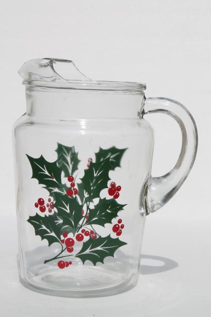 photo of Indiana glass Christmas holly berry print pitcher & drinking glasses #2