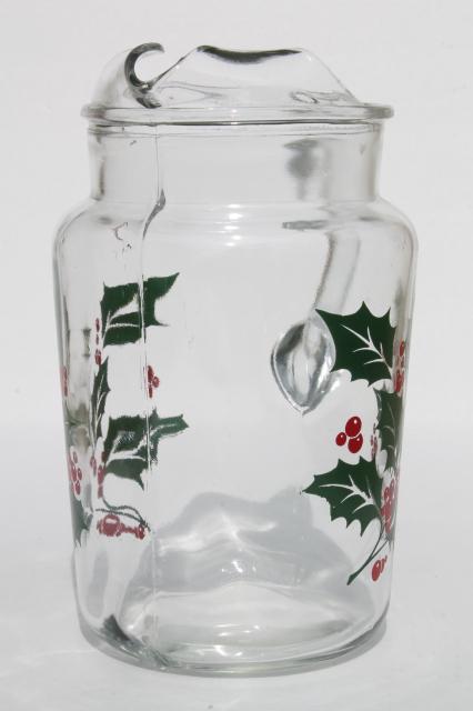 photo of Indiana glass Christmas holly berry print pitcher & drinking glasses #3