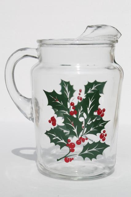 photo of Indiana glass Christmas holly berry print pitcher & drinking glasses #4