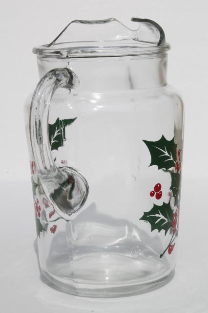 photo of Indiana glass Christmas holly berry print pitcher & drinking glasses #5