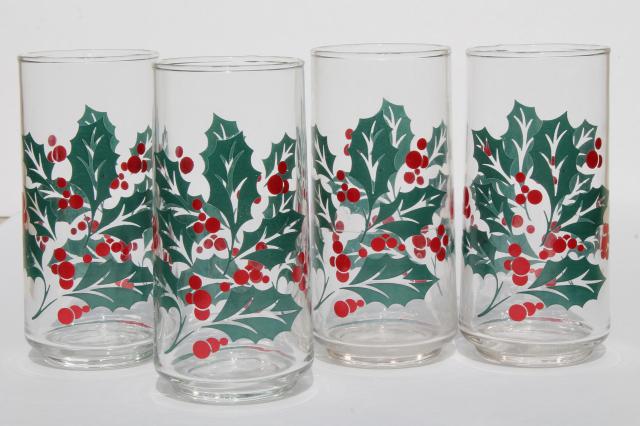 photo of Indiana glass Christmas holly berry print pitcher & drinking glasses #6