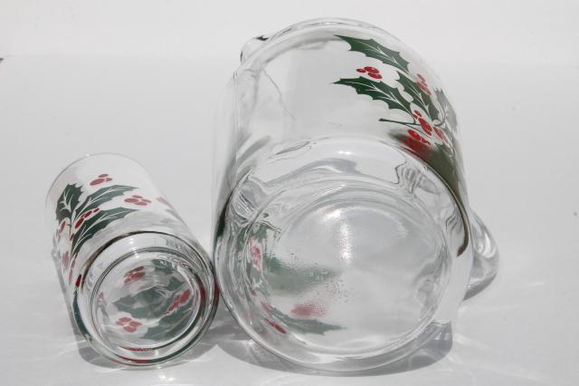 photo of Indiana glass Christmas holly berry print pitcher & drinking glasses #8