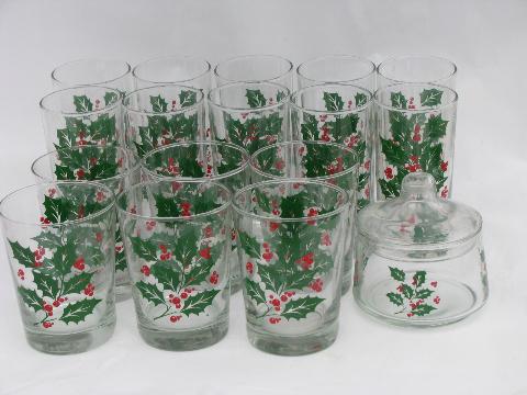 photo of Indiana glass holly berry green & red Christmas glasses, two sizes #1