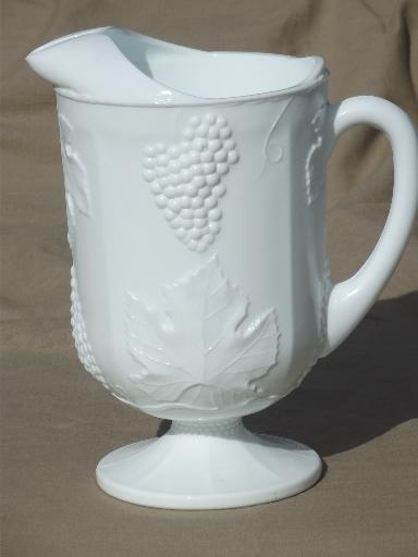 photo of Indiana harvest grape milk glass, vintage grapes pattern lemonade pitcher #1