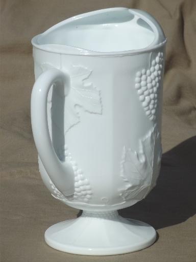 photo of Indiana harvest grape milk glass, vintage grapes pattern lemonade pitcher #3