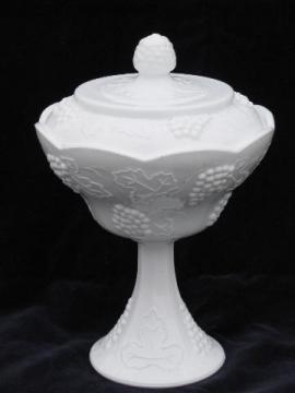 catalog photo of Indiana harvest grapes pattern vintage milk glass compote or candy bowl