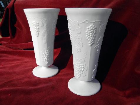 photo of Indiana harvest grapes, vintage grape pattern tall milk glass vases pair #1