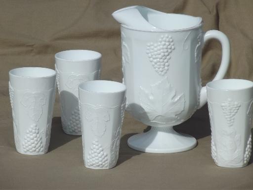 photo of Indiana harvest grapes vintage milk white pressed glass pitcher & tall tumblers #1