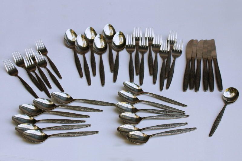photo of Interpur Japan 60s 70s vintage stainless flatware single rose rosevine floral pattern set for 6  #1