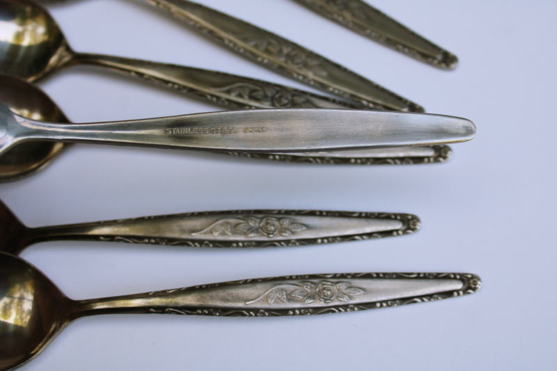 photo of Interpur Japan 60s 70s vintage stainless flatware single rose rosevine floral pattern set for 6  #2