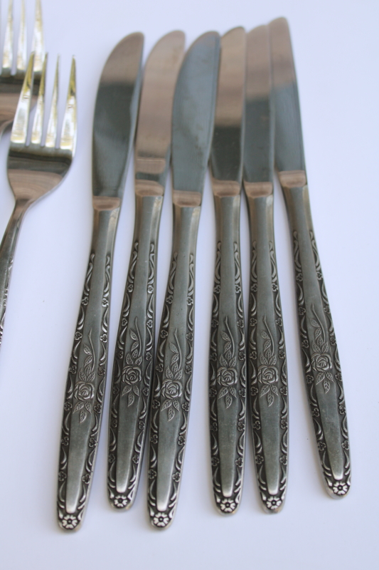 photo of Interpur Japan 60s 70s vintage stainless flatware single rose rosevine floral pattern set for 6  #3