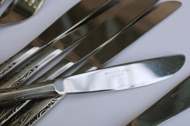 photo of Interpur Japan 60s 70s vintage stainless flatware single rose rosevine floral pattern set for 6  #4