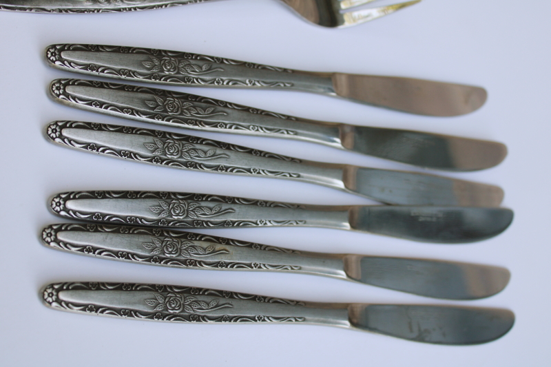 photo of Interpur Japan 60s 70s vintage stainless flatware single rose rosevine floral pattern set for 6  #5