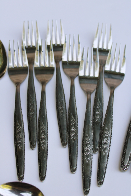 photo of Interpur Japan 60s 70s vintage stainless flatware single rose rosevine floral pattern set for 6  #6