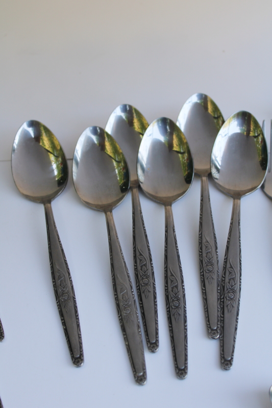 photo of Interpur Japan 60s 70s vintage stainless flatware single rose rosevine floral pattern set for 6  #7