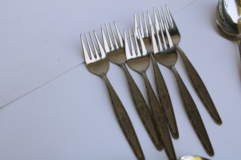 photo of Interpur Japan 60s 70s vintage stainless flatware single rose rosevine floral pattern set for 6  #8