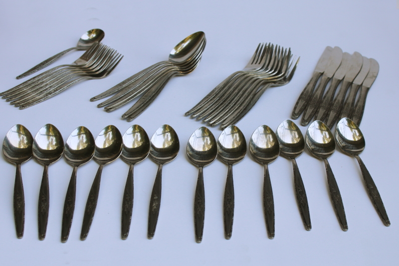 photo of Interpur Japan 60s 70s vintage stainless flatware single rose rosevine floral pattern set for 6  #9