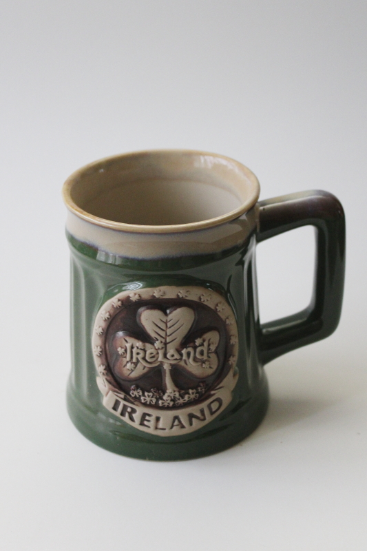 photo of Ireland Irish stoneware coffee mug souvenir, Deneen style pottery shamrock emblem #1