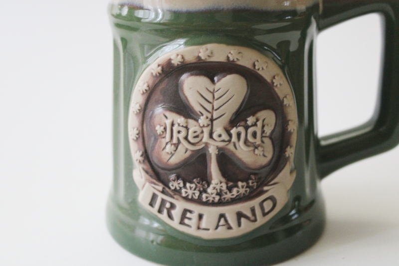 photo of Ireland Irish stoneware coffee mug souvenir, Deneen style pottery shamrock emblem #2