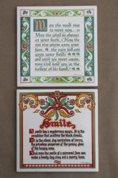 catalog photo of Irish Blessing & Smile motto tiles, vintage Berggren tile kitchen trivets