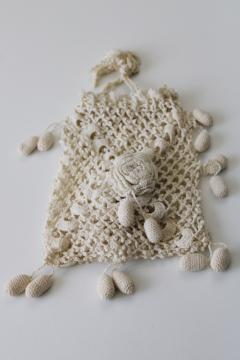 catalog photo of Irish crochet vintage cotton lace purse, tiny drawstring bag for brides wedding day hanky