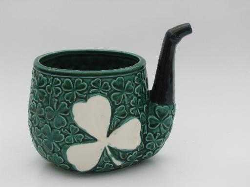 photo of Irish shamrocks leprechaun's pipe ceramic planter, vintage Relpo - Japan #1