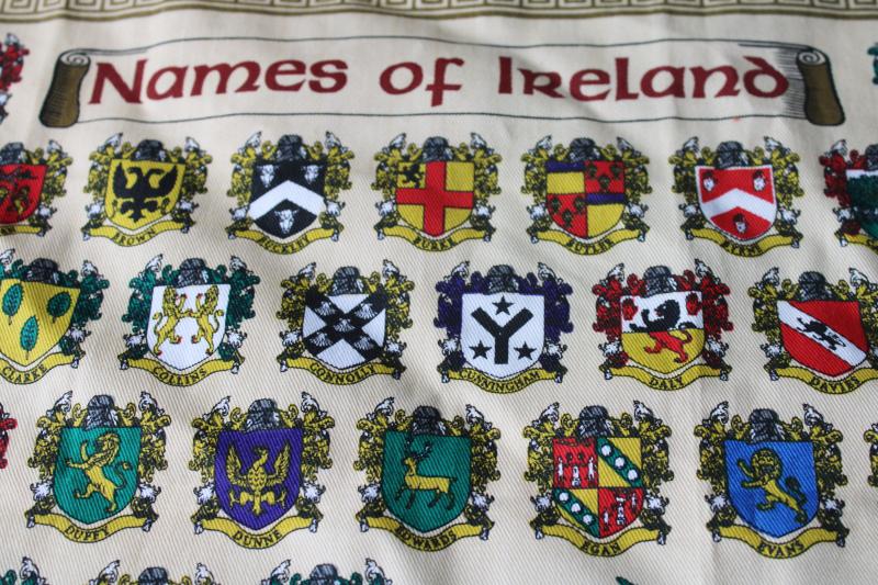 photo of Irish surnames, coats of arms with names of Ireland vintage print tea towel #2