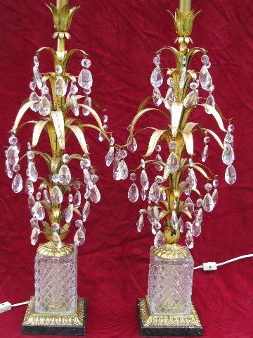 photo of Italian tole / black marble vintage gold leaf table lamps pair, tons of glass prisms #1