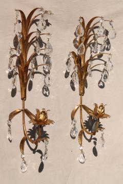 catalog photo of Italian tole vintage gold metal wall sconce candle holders w/ glass teardrop prisms