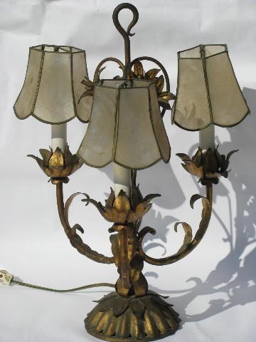 photo of Italian tole wrought metal candelabra table lamp, antique gold flowers, capiz shell shades #1