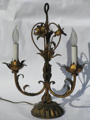 photo of Italian tole wrought metal candelabra table lamp, antique gold flowers, capiz shell shades #3