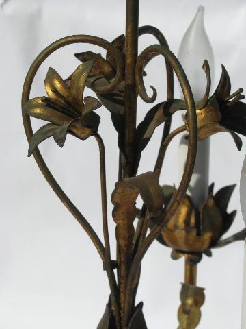 photo of Italian tole wrought metal candelabra table lamp, antique gold flowers, capiz shell shades #4