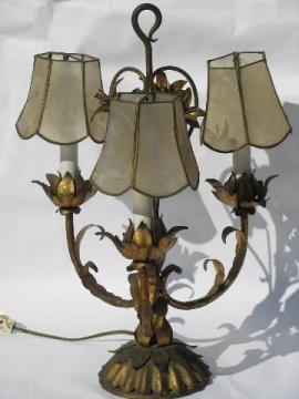 catalog photo of Italian tole wrought metal candelabra table lamp, antique gold flowers, capiz shell shades