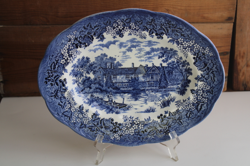 photo of J & G Meakin Romantic England vintage blue & white china platter, scenic view transferware #1