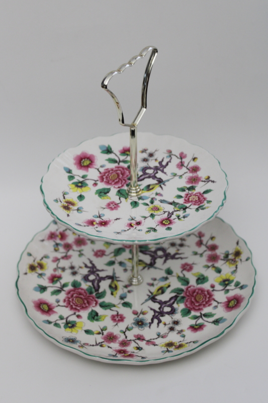 photo of James Kent Old Foley Chinese Rose china tiered tray, chinoiserie floral w/ birds #1