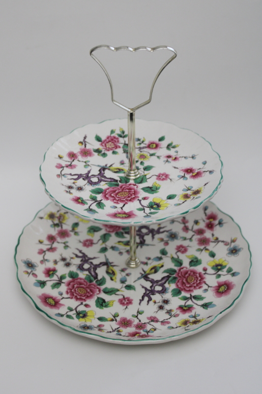 photo of James Kent Old Foley Chinese Rose china tiered tray, chinoiserie floral w/ birds #5