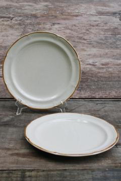 catalog photo of Japan Hearthside Baroque Summer Sun stoneware dinner plates plain tan speckled glaze w/ brown band 