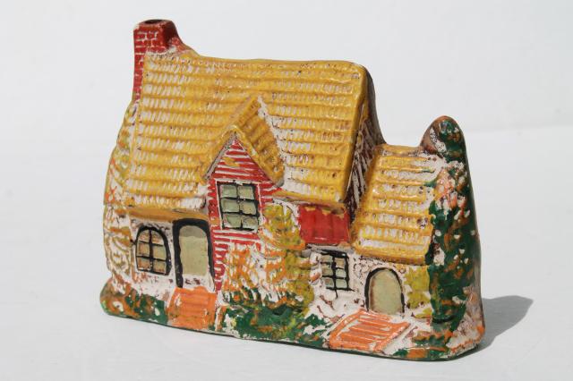 photo of Japan ceramic cottage w/ lovely shabby old paint, vintage fish bowl figurine #2