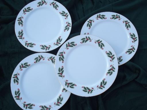 photo of Japan fine china holiday plates set, Christmas holly border on white #1