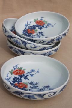 catalog photo of Japanese porcelain dishes w/ red & blue floral, shallow bowls for rice, soup, noodles