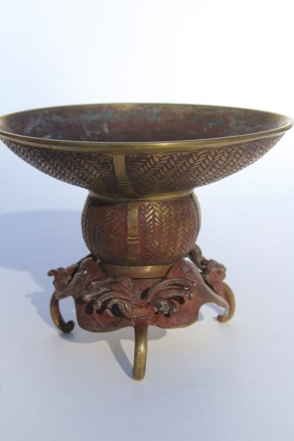 photo of Japanese usubata flower holder, antique vintage bronze vase w/ wave design #6