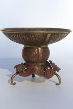 catalog photo of Japanese usubata flower holder, antique vintage bronze vase w/ wave design