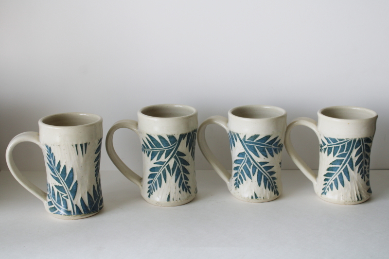 photo of Jean Wells artist signed pottery mugs set of four, fern pattern hand thrown Jean's Clay Studio  #1