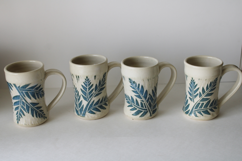 photo of Jean Wells artist signed pottery mugs set of four, fern pattern hand thrown Jean's Clay Studio  #2