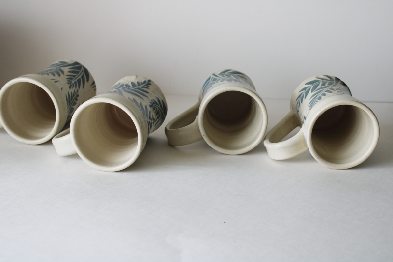 photo of Jean Wells artist signed pottery mugs set of four, fern pattern hand thrown Jean's Clay Studio  #3
